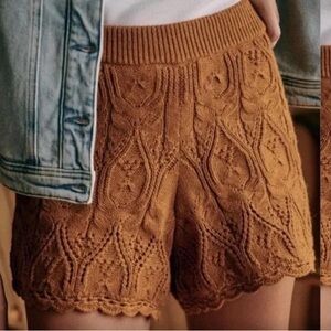Sezane Knit Cable-Pattern Shorts in Warm Caramel